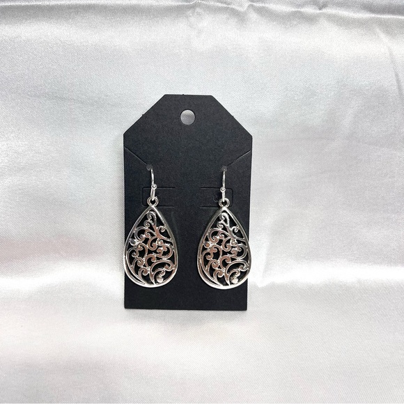 Silver Filigree Teardrop Earrings Nickel- 
Free Hypoallergenic - Picture 2 of 5
